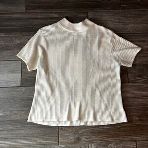90s Women's Cream Ribbed Mock‎ Neck Short Sleeve Top XL Classic Vintage Workwear